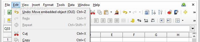 Showing the LibreOffice Calc edit menu